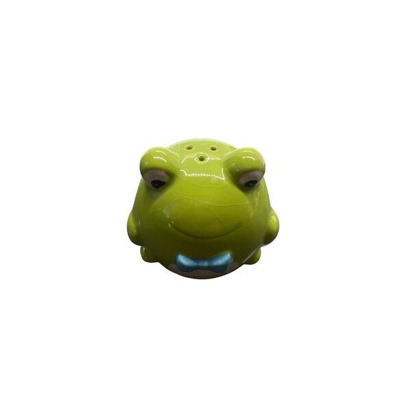 Frog Salt Pepper Shakers Set Green Ceramic Kissing Frogs Blue Bowtie Red Bow 2" - Picture 2 of 4